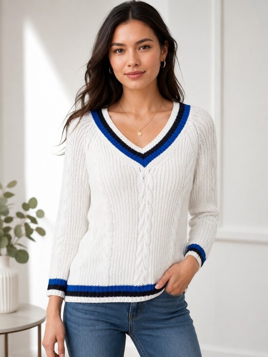 Talbots Sweaters - Talbots Cable Knit V-Neck Sweater Blue Navy Trim Preppy Coastal Women's Med